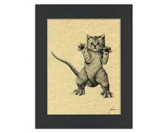 Pawzilla Parchment Print | Kitten + Godzilla Hybrid Animal | 8.5x11" Art Print in 11x14" Black Mat