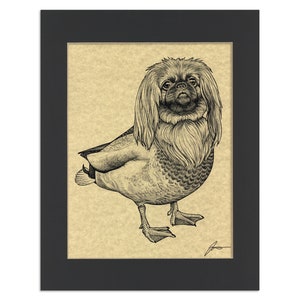 Peking Duck Parchment Print | Pekingese + Duck Hybrid Animal | 8.5x11&quot; Art Print in 11x14&quot; Black Mat