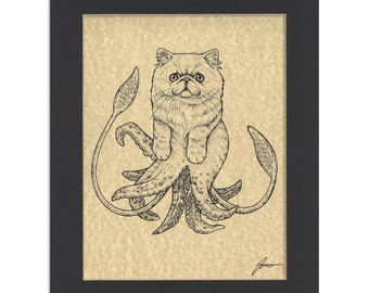 Squitten Parchment Print | Squid + Kitten Hybrid Animal | 8.5x11" Art Print in 11x14" Black Mat