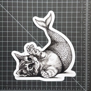 Purrmaid Die-Cut Sticker | Cat + Mermaid Hybrid Animal | 7&quot; Tall Vinyl Sticker Decal