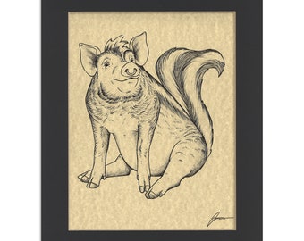 Punk Parchment Print | Pig + Skunk Hybrid Animal | 8.5x11" Art Print in 11x14" Black Mat
