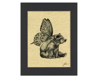 Butterbear Parchment Print | Butterfly + Bear Hybrid Animal | 8.5x11" Art Print in 11x14" Black Mat