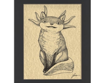 Foxolotl Parchment Print | Fox + Axolotl Hybrid Animal | 8.5x11" Art Print in 11x14" Black Mat