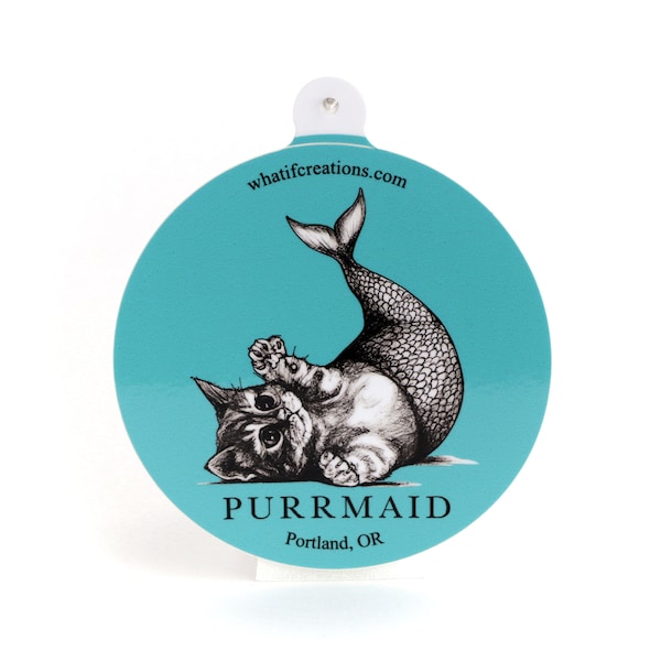 Purrmaid Sticker | Cat + Mermaid Hybrid Animal | 3" Circle Vinyl Sticker