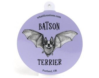 Batson Terrier Sticker | Boston Terrier + Bat Hybrid Animal | 3" Circle Vinyl Sticker