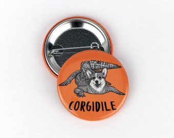 Corgidile Button | Welsh Corgi + Crocodile Hybrid Animal | 1.5" Pinback Button