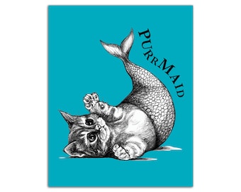 Impressão colorida Purrmaid | Arte híbrida de sereia e gato