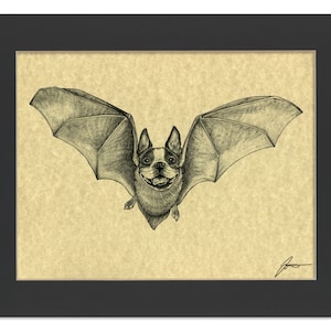 Grabado en pergamino de Batson Terrier / Arte animal híbrido de Boston Terrier y murciélago