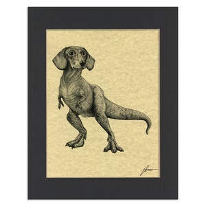 Doxisaurus Parchment Print | Dachshund + TRex Hybrid Animal | 8.5x11" Art Print in 11x14" Black Mat