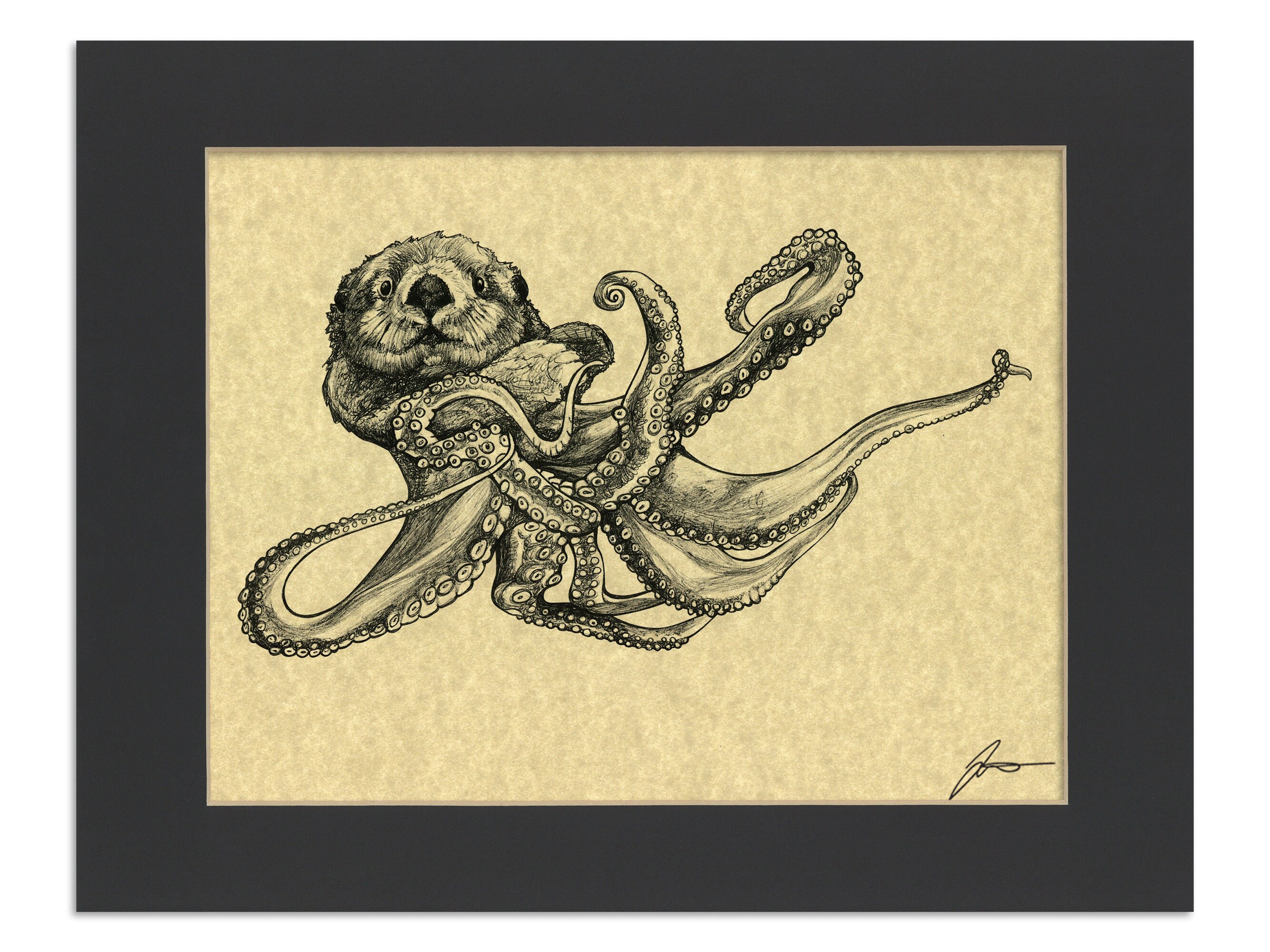 Sea Otterpus Parchment Print | Sea Otter + Octopus Hybrid Animal | 8.5x11" Art Print in 11x14" Black Mat
