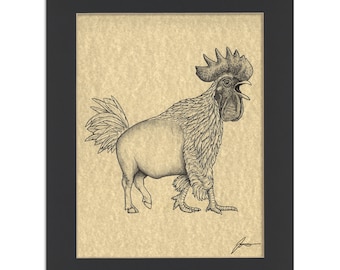 Buffalo Chicken Parchment Print | Buffalo + Chicken Hybrid Animal | 8.5x11" Art Print in 11x14" Black Mat