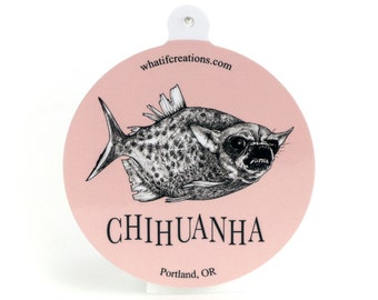 Chihuanha Sticker | Chihuahua + Piranha Hybrid Animal | 3&quot; Circle Vinyl Sticker