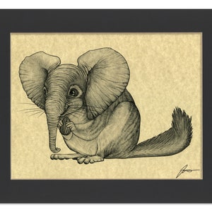 Chinchillaphant Parchment Print | Chinchilla + Elephant Hybrid Animal | 8.5x11&quot; Art Print in 11x14&quot; Black Mat