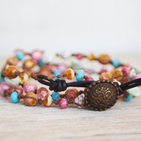 Beaded 3x wrap bracelet / Necklace -  artisan boho - multi color