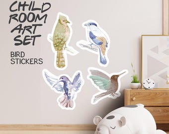 Pegatinas de pared de pájaros en acuarela / Calcomanías de naturaleza despegables y adhesivas para guardería, habitación infantil o sala de juegos / Juego de arte de animales extraíble para niños