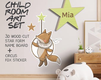 Fox Wallpaper Sticker Set w/ Custom 3D Name Sign | Personalized Nursery Stars Wall Art | Playful Circus Animal Decor - Baby Room or Playroom