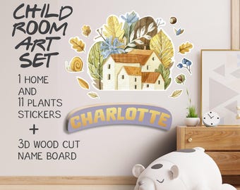 Custom Cottage Wall Decal Set w/ Wooden Name Art | Village Nursery Sticker - Peel & Stick Wallpaper | Kids Room Decor, Baby Shower Gift