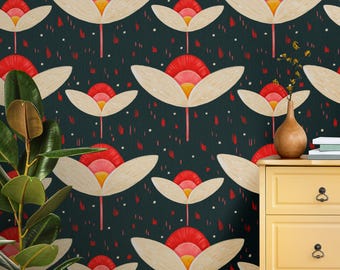 Red Dark Floral Peel & Stick Wallpaper | Modern Vintage Bold Flowers Pattern | Removable Wall Mural for Living Room, Kitchen or Entryway