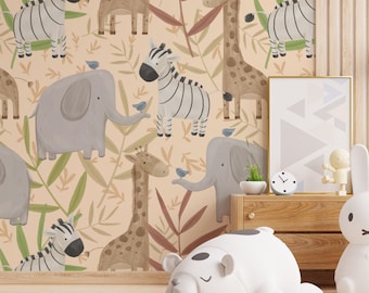 Safari Friends Peel & Stick Wallpaper | Removable Kids Room, Nursery Wall Art or Kindergarten Mural | Elephant, Giraffe, Zebra Jungle Design