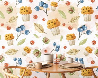 Autumn Cupcake Peel & Stick Wallpaper | Removable Fall Bakery Mural for Kitchen, Dining Area or Kids Room | Cottagecore Wall Decor