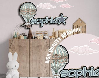Decoración infantil personalizada con globos aerostáticos, letrero de madera 3D con nombre y pegatinas de nubes para pared, despegar y pegar, decoración infantil en tonos pastel.
