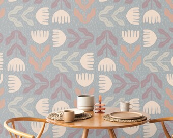 Emerald Petal Peel & Stick Wallpaper | Retro Floral Design in Teal, Lilac, Clay | Artistic Removable Wall Mural for Living Room or Study