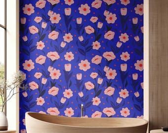 Midnight Blue Bloom Peel & Stick Wallpaper | Bold Floral Wall Mural in Black, Indigo, Blush | Modern Retro Botanical Pattern for Bedroom