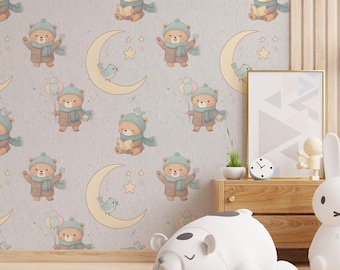 Bear & Moon Peel and Stick Wallpaper | Baby Nursery Wall Decor | Removable Kids Room Mural for Gender Neutral, Baby Shower or First Birthday