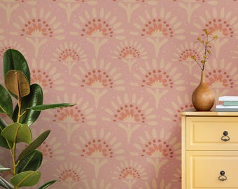 Terracotta Bloom Peel & Stick Wallpaper | Floral Pattern in Warm Peach, Blush Tones | Modern Boho Removable Mural - Bathrooms, Dining Spaces