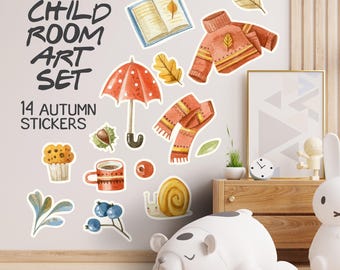 Juego de pegatinas de pared otoñales. Calcomanías de temporada autoadhesivas para habitación infantil, guardería o sala de juegos. Pegatinas artísticas extraíbles con temática otoñal.