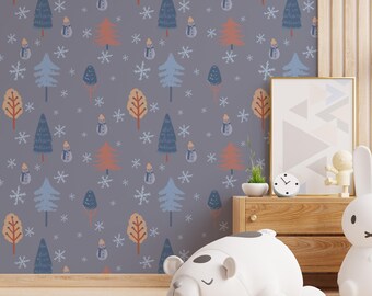 Winter Forest Kids Peel & Stick Wallpaper – Removable Self-Adhesive Snowy Trees, Snowmen Mural | Nursery or Playroom Woodland Wall Decor