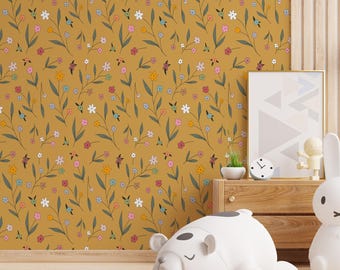 Retro Floral Peel & Stick Wallpaper | 70s-Inspired Vintage Bloom Pattern | Self-Adhesive Mural for Dining Room, Bathroom, or Accent Wall