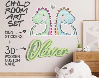 Juego de pegatinas de pared de dinosaurios con letrero de madera personalizado para nombre/Decoración infantil personalizada en 3D/Calcomanías de dinosaurios autoadhesivas para habitación infantil o sala de juegos