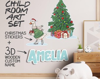 País de las Maravillas Invernal con Letrero de Madera Personalizado – Set de Pegatinas para Nombres Infantiles / Calcomanía para Guardería / Diseño Navideño de Muñeco de Nieve, Árbol de Navidad y Ganso