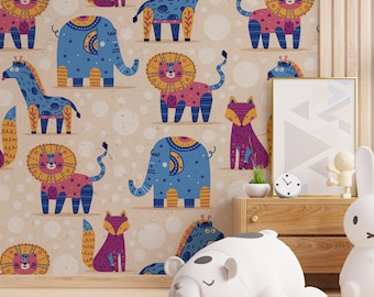 Playful Safari Peel & Stick Wallpaper | Colorful Jungle Animal Wall Mural for Kids’, Nursery Rooms | Elephant, Lion, Fox, Giraffe Pattern
