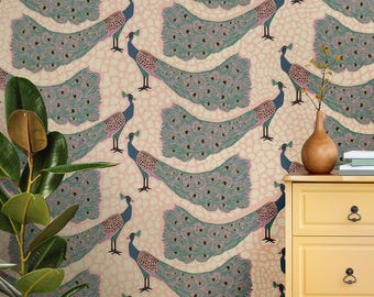 Art Deco Peacock Peel & Stick Wallpaper | Elegant Feathered Bird Pattern in Soft Beige, Teal | Vintage Removable Mural for Living Rooms