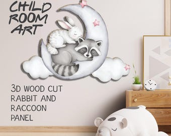 Calcomanía de pared Sleepy Moon Friends / Juego de pegatinas para habitación infantil con diseño de conejo y mapache / Acentos en rosa suave o gris / Decoración de animales para dormitorio de niña o niño