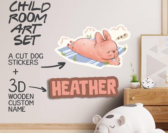 Juego de pegatinas de vinilo para pared de perro con nombre de madera personalizado, decoración de guardería personalizada en 3D, calcomanía de mascota despegable y adhesiva para habitación de niños o sala de juegos.