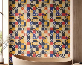 Bold Retro Pattern Peel & Stick Wallpaper – Removable Geometric Wall Decal for Bathroom, Kitchen, or Accent Wall | Modern Mid-Century Style