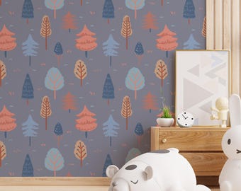 Whimsical Forest Peel & Stick Wallpaper – Removable Self-Adhesive Wall Mural for Kids Room, Nursery or Playroom | Cozy Woodland Tree Pattern