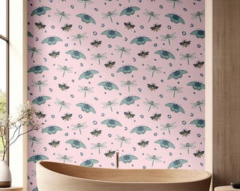 Dragonfly - Butterfly Peel & Stick Wallpaper  | Soft Pink Insect Pattern for Bathroom or Modern Interiors | Delicate Nature-Inspired Mural