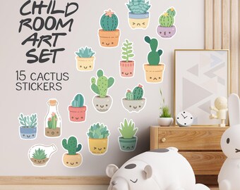 Bonitas pegatinas de pared de cactus para habitación infantil. Calcomanías verdes despegables para guardería, sala de juegos o aula. Juego de arte vegetal extraíble.