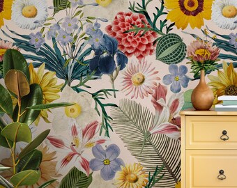Maximalist Floral Peel & Stick Wallpaper | Removable Botanical Wall Mural | Colorful Bloom Pattern Decal for Living Room or Dining Space