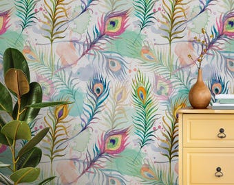 Watercolor Peacock Feathers Peel & Stick Wallpaper | Removable Artistic Boho Wall Mural for Bedroom, Living Room or Creative Spaces
