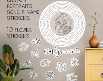 Custom Couple Line Art Sticker Wallpaper w/ Lyrics | Wedding Portrait Gift | First Dance Song Wall Decal - Peel & Stick Home Decor