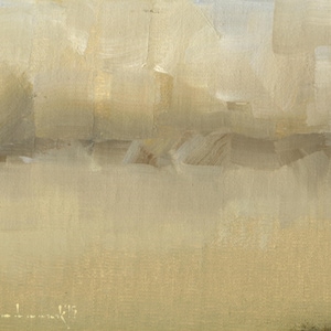 Puede incluir: Pintura abstracta de paisaje con una paleta de tonos beige, tostado y gris apagados. La obra presenta amplias pinceladas que crean un efecto texturizado, con una línea de horizonte que sugiere una vista distante. La firma del artista es visible en la esquina inferior izquierda.