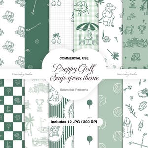 Golf Seamless Pattern Preppy Digital Paper Hand Drawn Doodle Background Sage Green Scrapbook Printable Pack