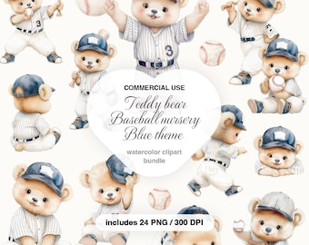 Teddy Bear Baseball Clipart for Baby Nursery Sports Wall Art Printable