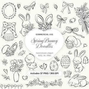 May include: Black and white hand-drawn clipart titled "Spring Bunny Doodles." The image features various Easter-themed illustrations, including bunnies, eggs, bows, flowers, and a chick. The image includes 37 PNG files at 300 DPI.