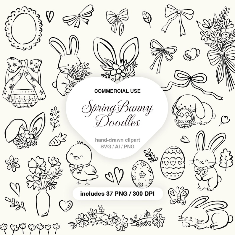 Bunny Doodle Clipart Bundle for Kids : Hand-drawn Spring Easter Designs ...